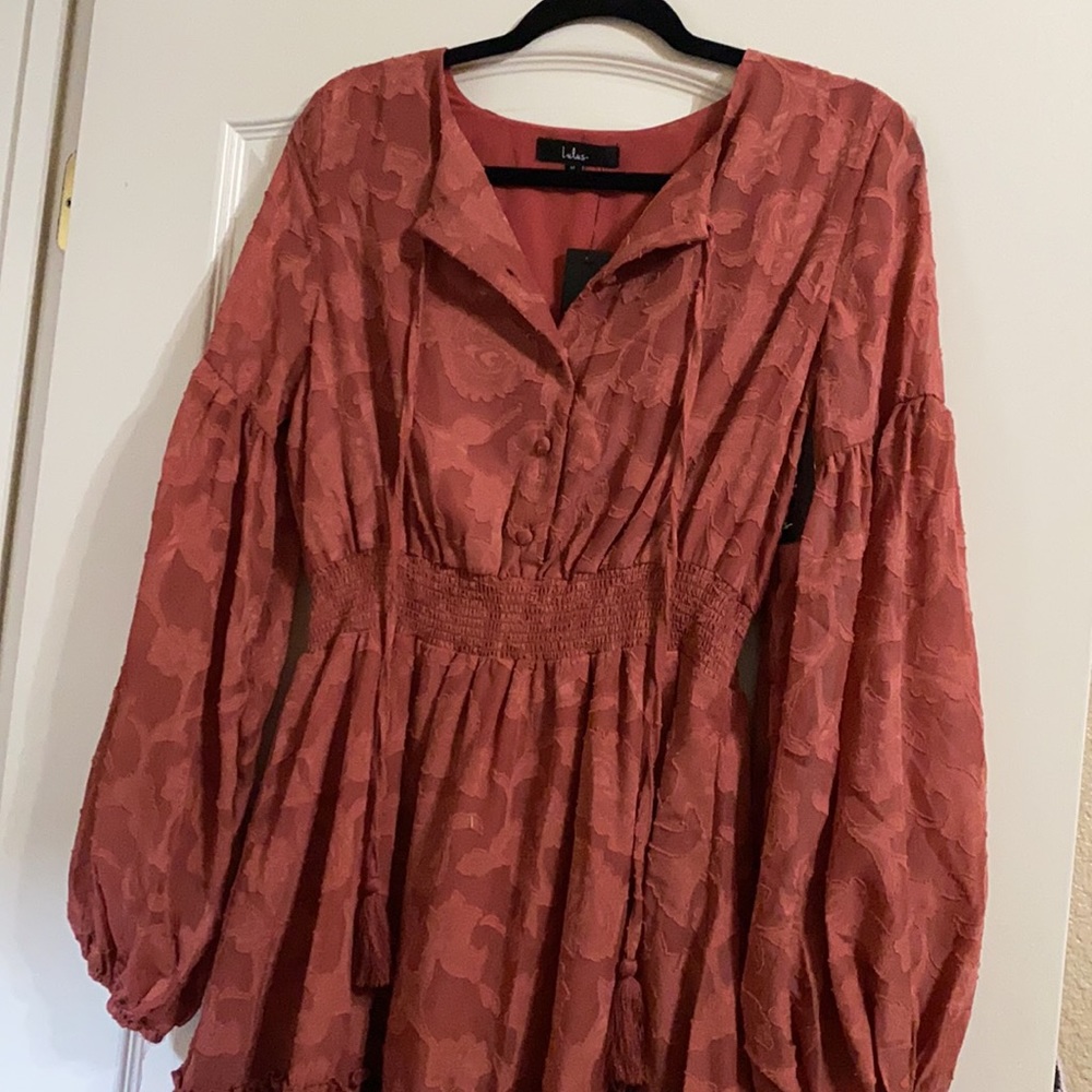 Lulu’s - Rust Pink Floral Ruffled Dress - Picture 2 of 10